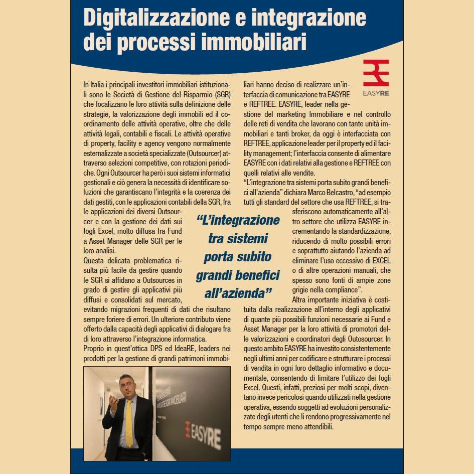 Page of Real Estate 24 (Il Sole 24 Ore) with the article ‘Digitalizzazione e integrazione dei processi immobiliari’ (in Italian)