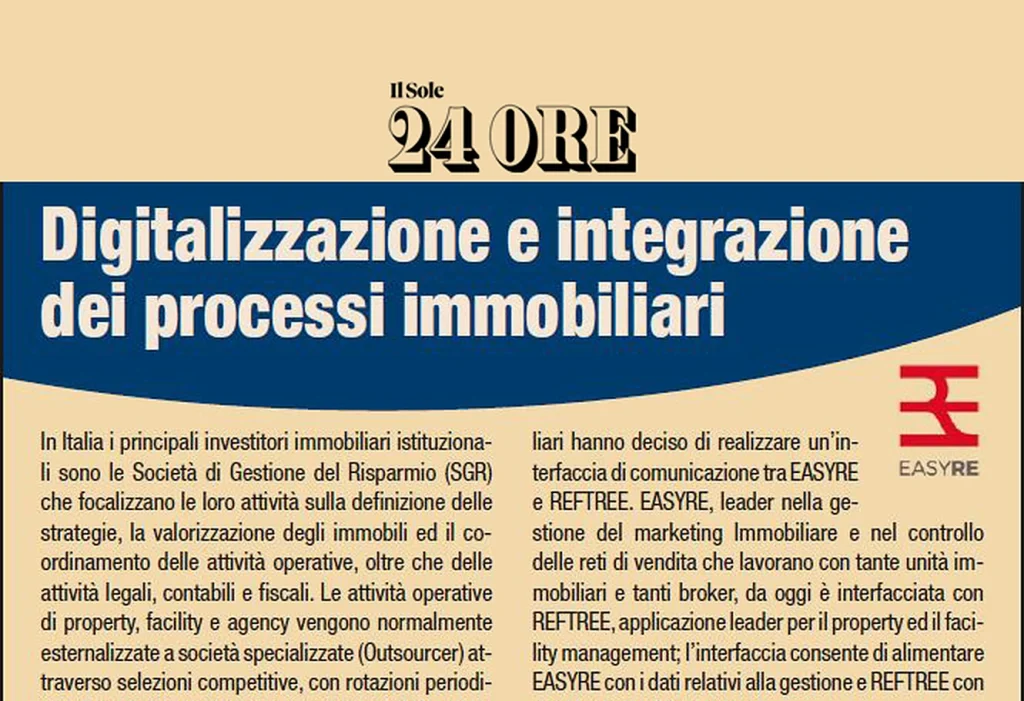 Article on EASYRE in Real Estate 24 (Il Sole 24 Ore): ‘Digitalizzazione e integrazione dei processi immobiliari’ (in Italian)