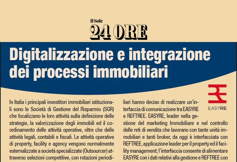 Article on EASYRE in Real Estate 24 (Il Sole 24 Ore): ‘Digitalizzazione e integrazione dei processi immobiliari’ (in Italian)