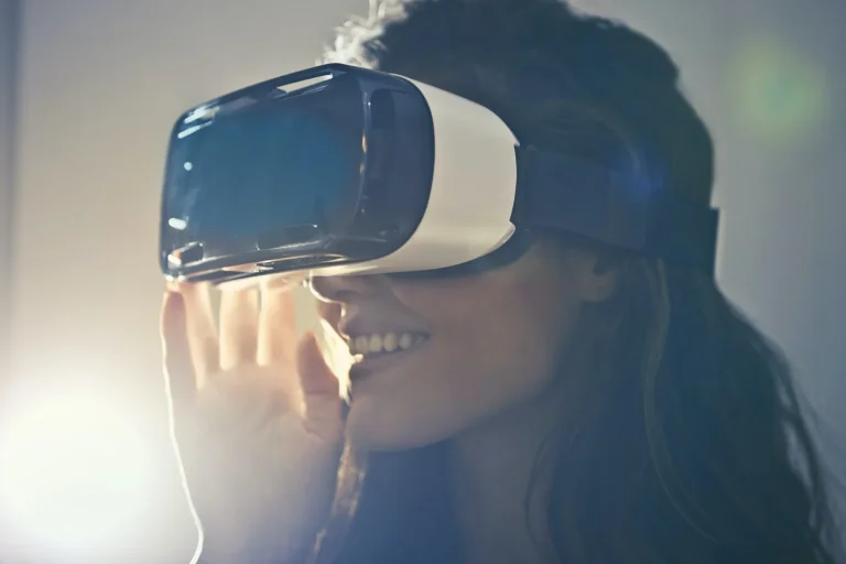 A woman trying a virtual reality headset